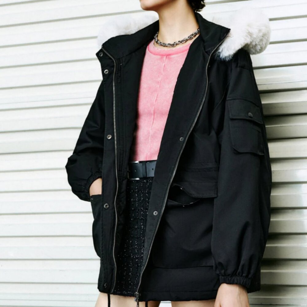 HOODED PADDED COAT WITH FURRY COLLAR